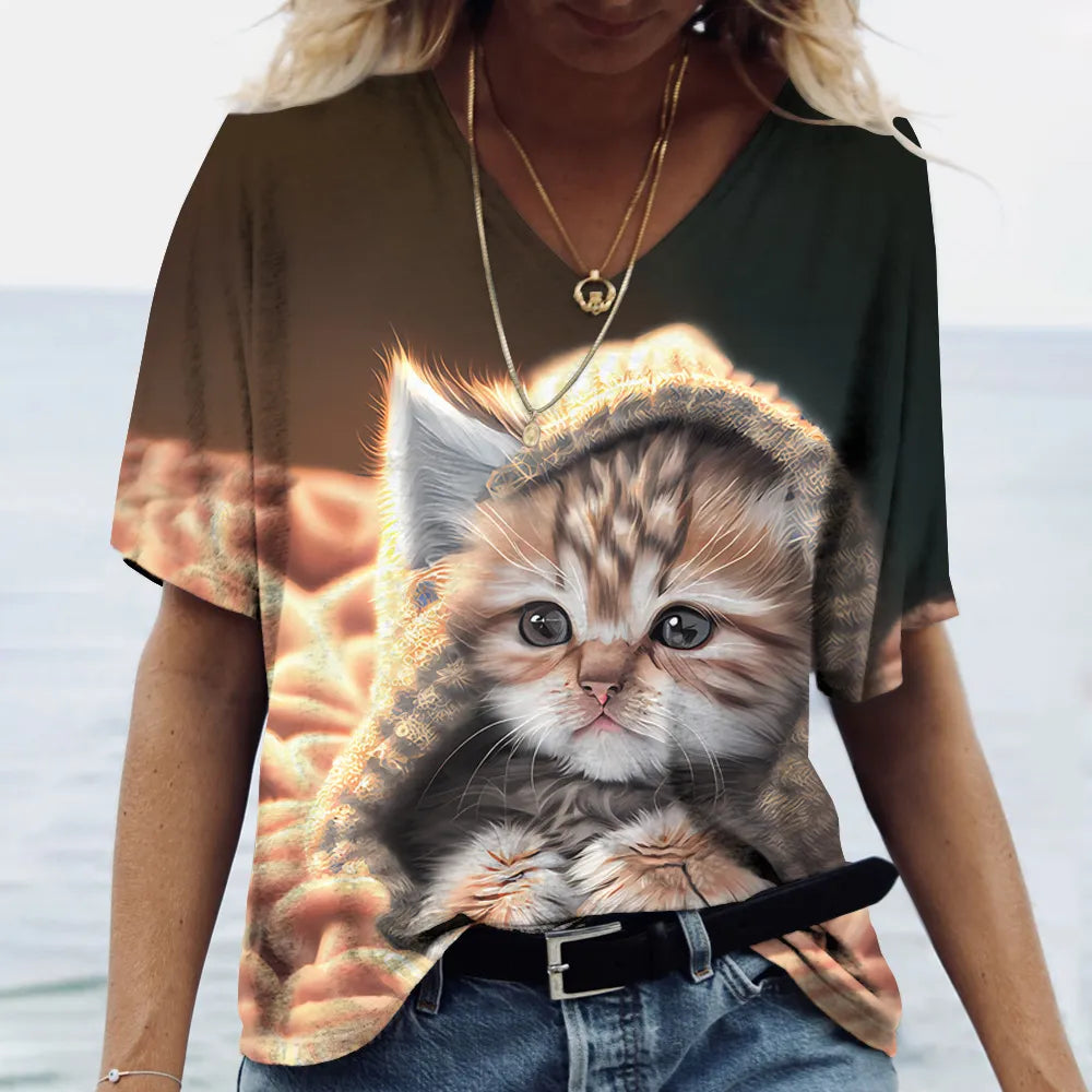 Fashion Women's T-shirt Cat Printed Short Sleeve Female Harajuku Tees Ladies T Shirt Oversized V-neck Tops Animal Women Clothing - Bonnie Lassio