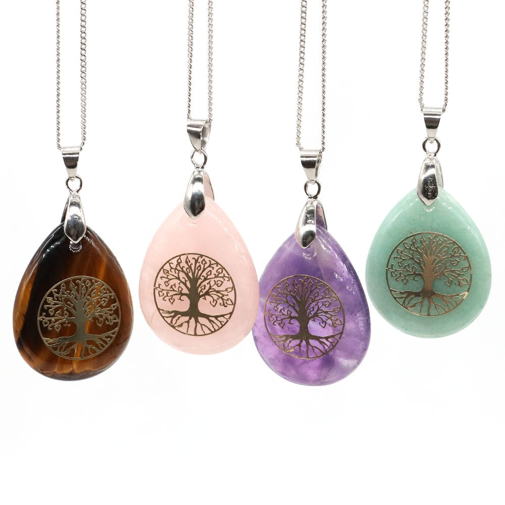 7 Chakra Stone Tree of Life Pendant Natural Water Drop Necklaces Rose Crystal Pink Quartz Amethyst Lapis Lazuli Tiger Eye Gifts - Bonnie Lassio