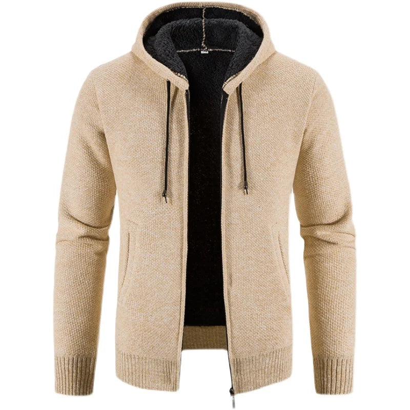 Men's Winter Jacket with Plush and Thick Hooded Knit Cardigan Jacket Zipper - Bonnie Lassio