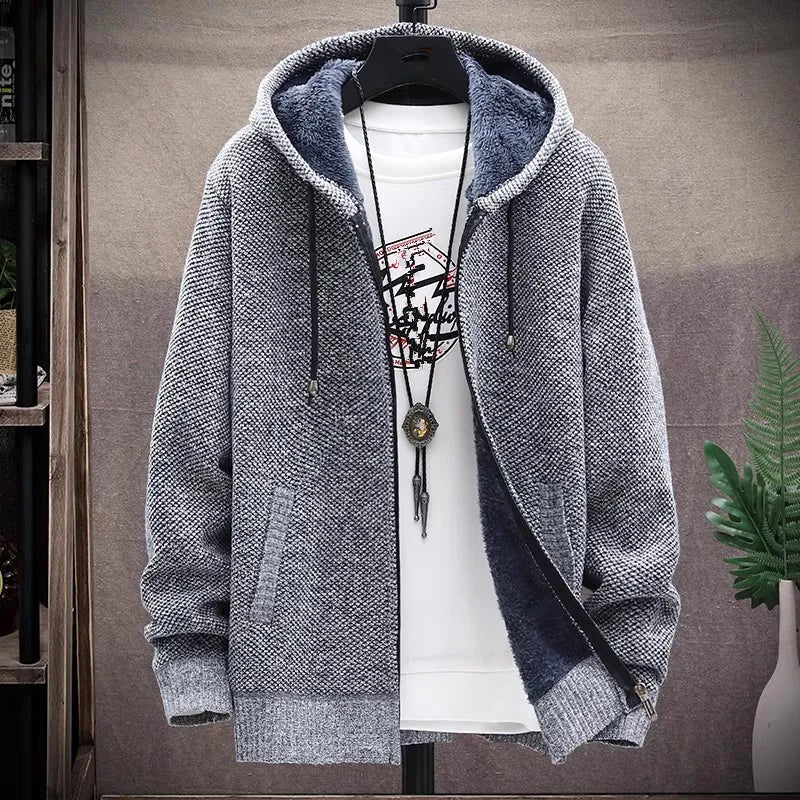 Mens Hooded Cardigan Knitted Sweater Winter Thick Fleece Casual Knitwear Coat Hooded - Bonnie Lassio