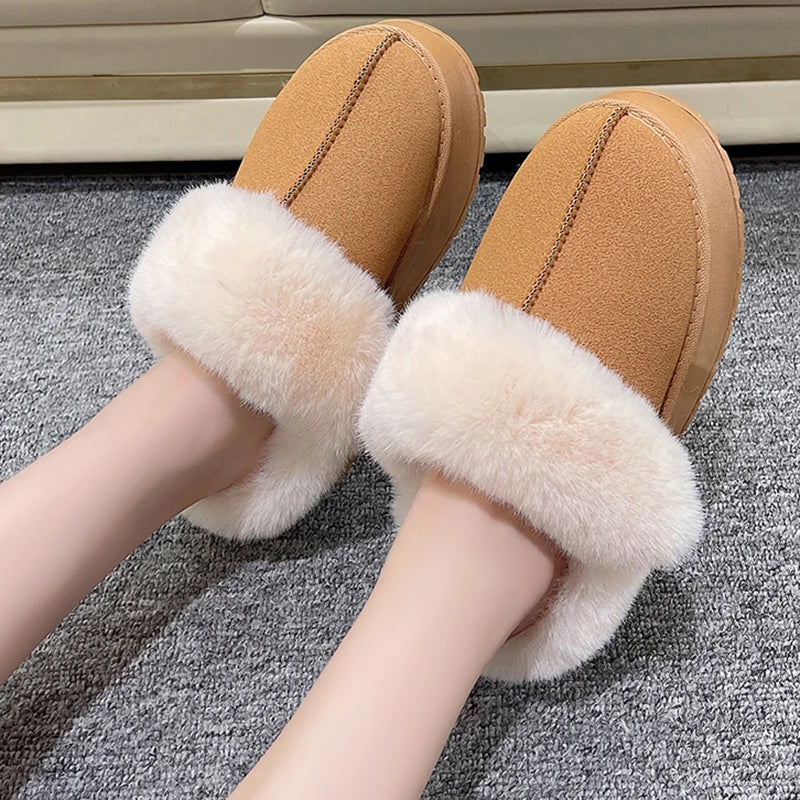 Women Thick Sole Faux Fur Slippers Winter Plush Warm Cotton Fluffy Tops - Bonnie Lassio