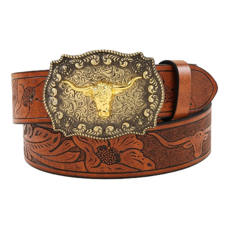 Longhorn Bull Belt Buckle Belt Vintage Western Belt Cowboy Belts For Men Western With Big Buckle Leather Belt Jeans Belt - Bonnie Lassio