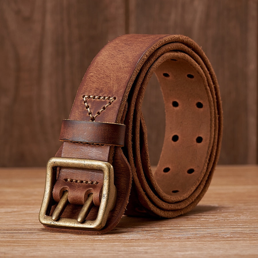 3.8CM Vintage Men&#39;s Wide Belt Male Cowhide Real Genuine Leather Double Prong Buckle Handmade Strap Fashion Jeans Cowboy Belt - Bonnie Lassio