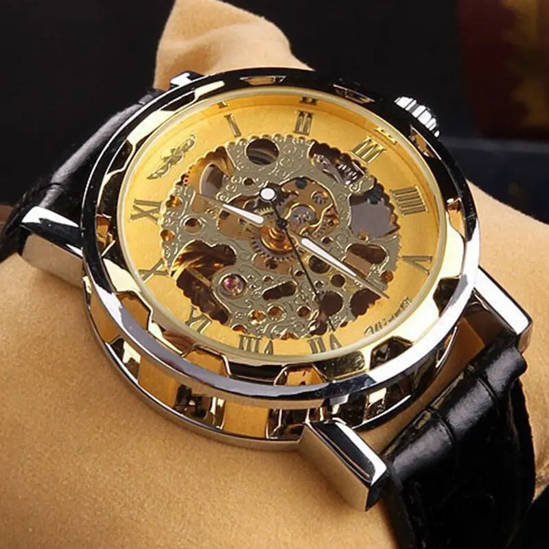 Mens Mechanical Wrist Watch With Black Leather Strap Stainless Steel Skeleton Mechanical - Bonnie Lassio