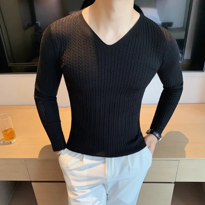 Mens Pullover Sweater V Neck Plain