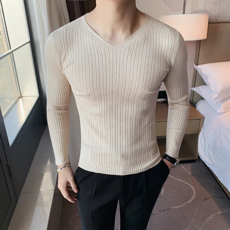 Mens Pullover Sweater V Neck Plain