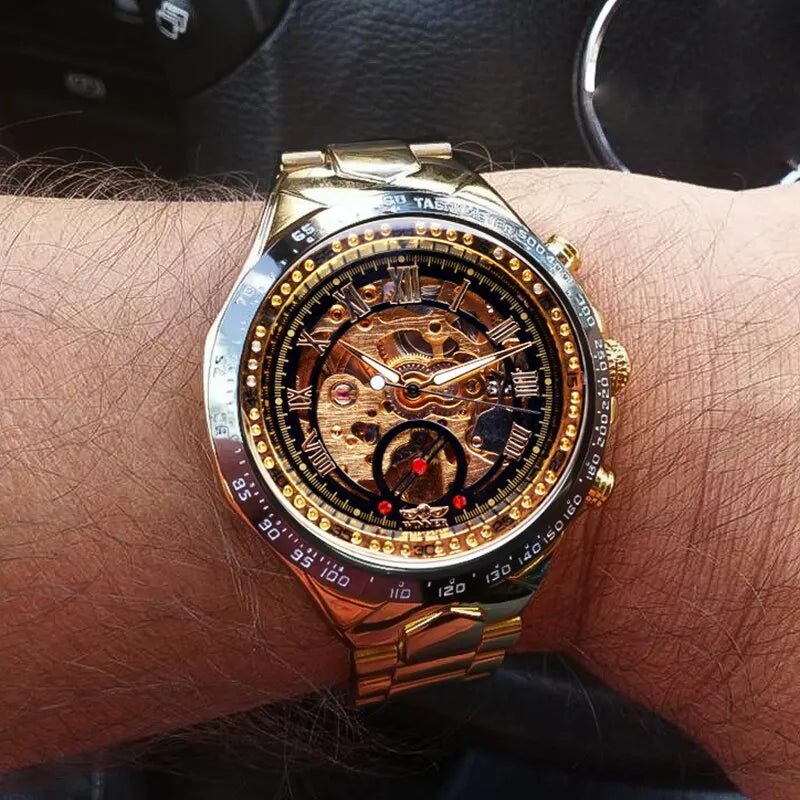 Automatic Mechanical Watch Mens with Gold Rhinestones Bracelet Fashion - Bonnie Lassio