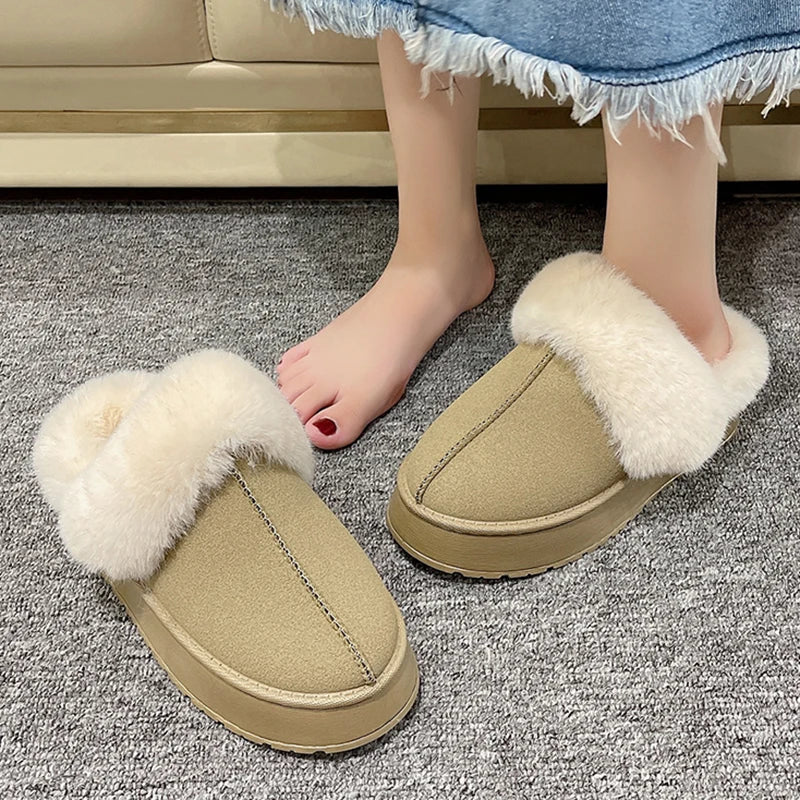 Women Thick Sole Faux Fur Slippers Winter Plush Warm Cotton Fluffy Tops - Bonnie Lassio