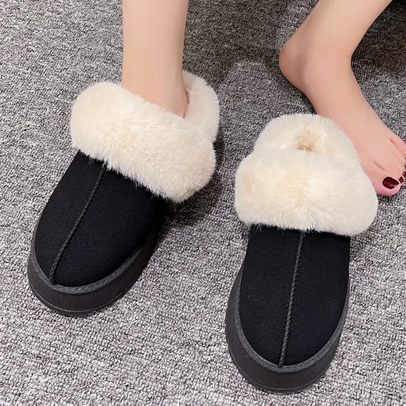 Women Thick Sole Faux Fur Slippers Winter Plush Warm Cotton Fluffy Tops - Bonnie Lassio