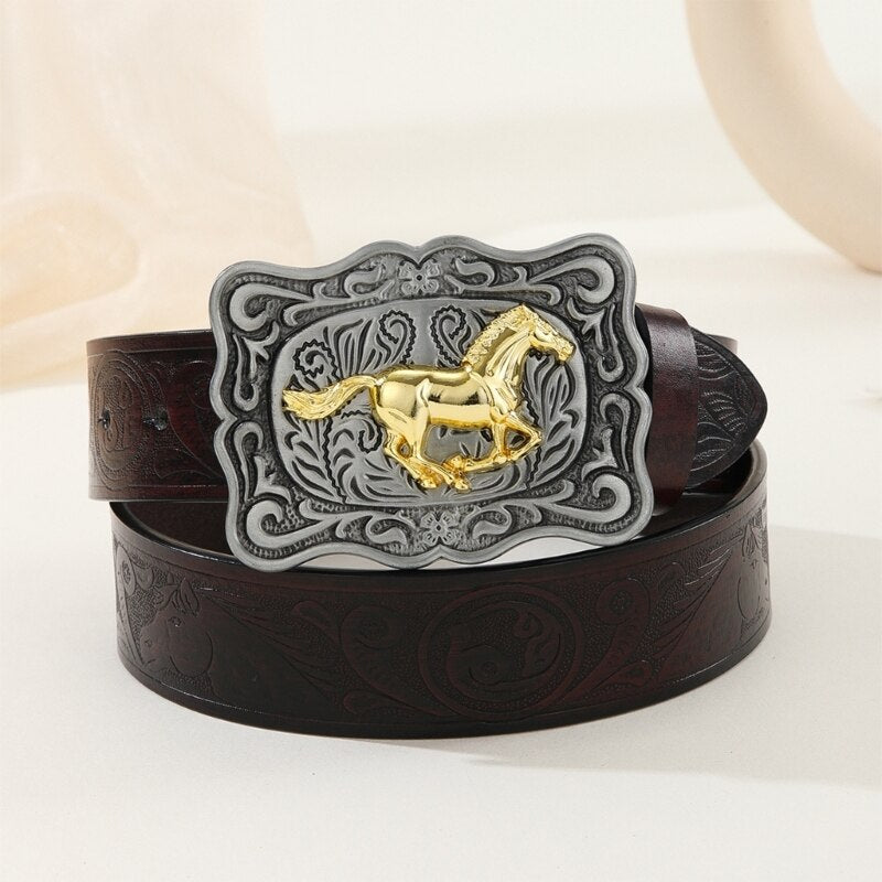 Running Horse Belt Buckle Belt Vintage Western Belt Cowboy Belts For Men Western With Big Buckle Leather Belt Jeans Belt R7RF - Bonnie Lassio