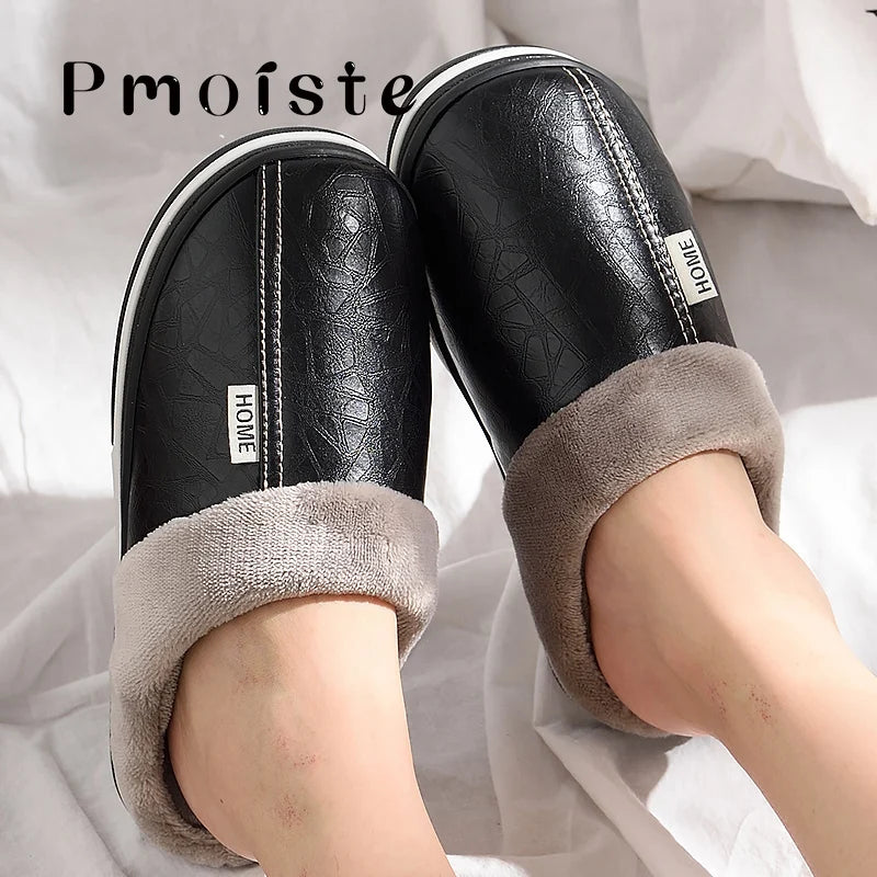 Winter Home Slippers for Men Memory Foam Massage House Slippers With Fur PU Leather Waterproof Indoor Male slipper Plus Size 51 - Bonnie Lassio