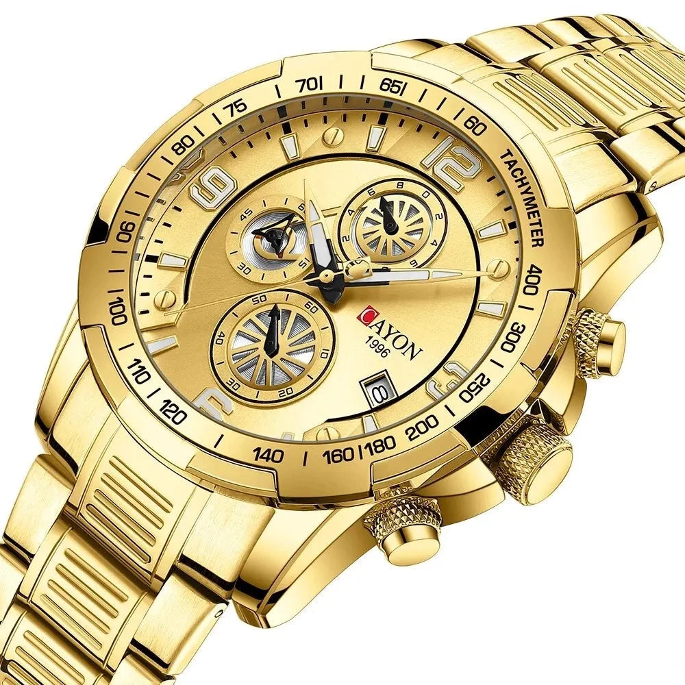 Mens Watch Gold Coloured Multifunction Luminous Quartz Stainless Steel - Bonnie Lassio