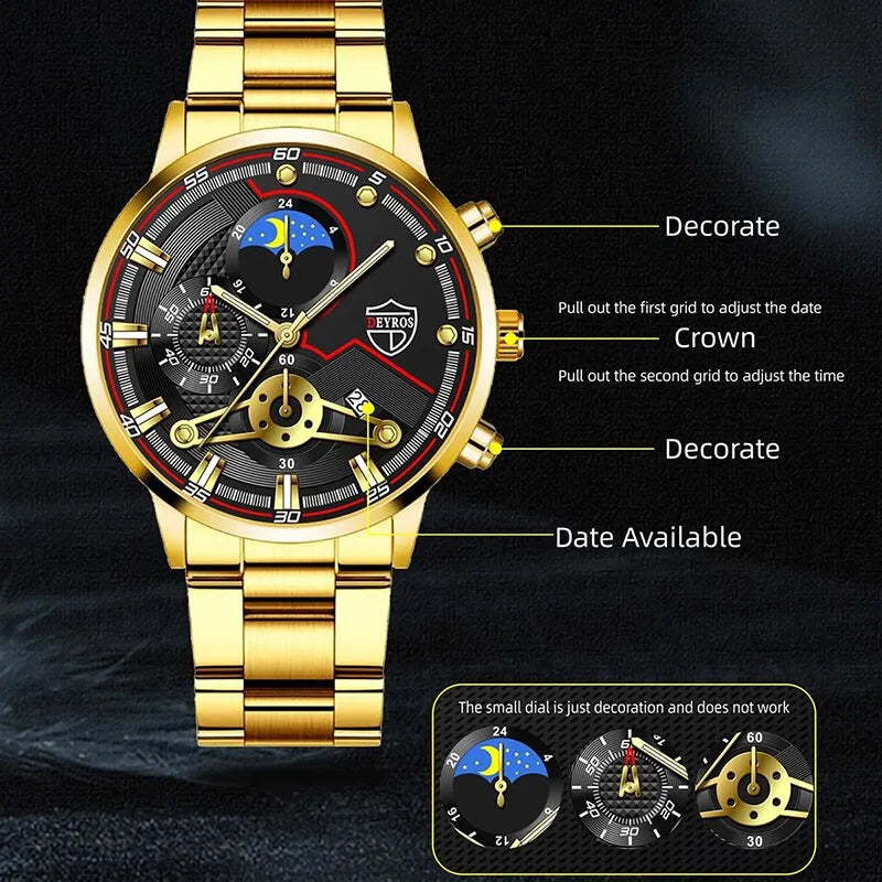 Watch & Chain Bracelet Gift Set For Men Gold And Black Gents Analogue Watches UK - Bonnie Lassio