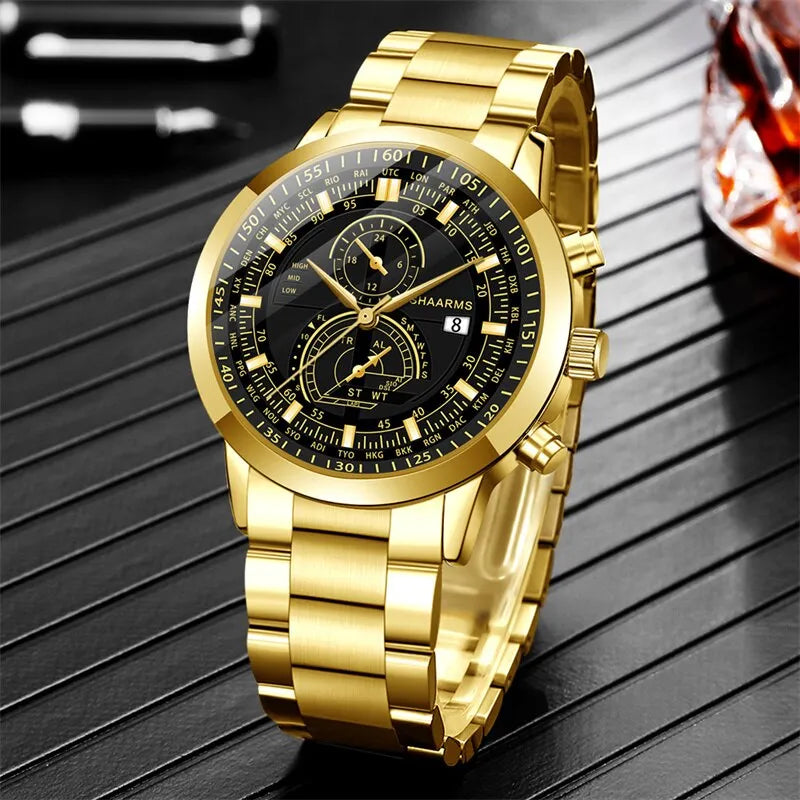 Watch Gift Set for Men Gold & Black with Gold Bracelet Watches High Quality UK - Bonnie Lassio