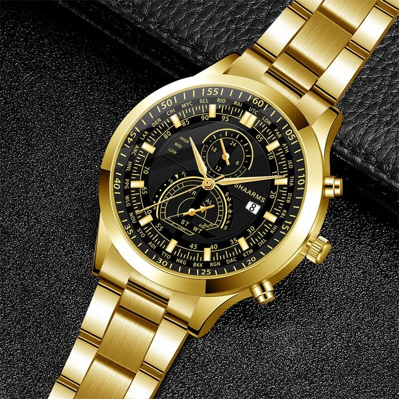 Watch Gift Set for Men Gold & Black with Gold Bracelet Watches High Quality UK - Bonnie Lassio