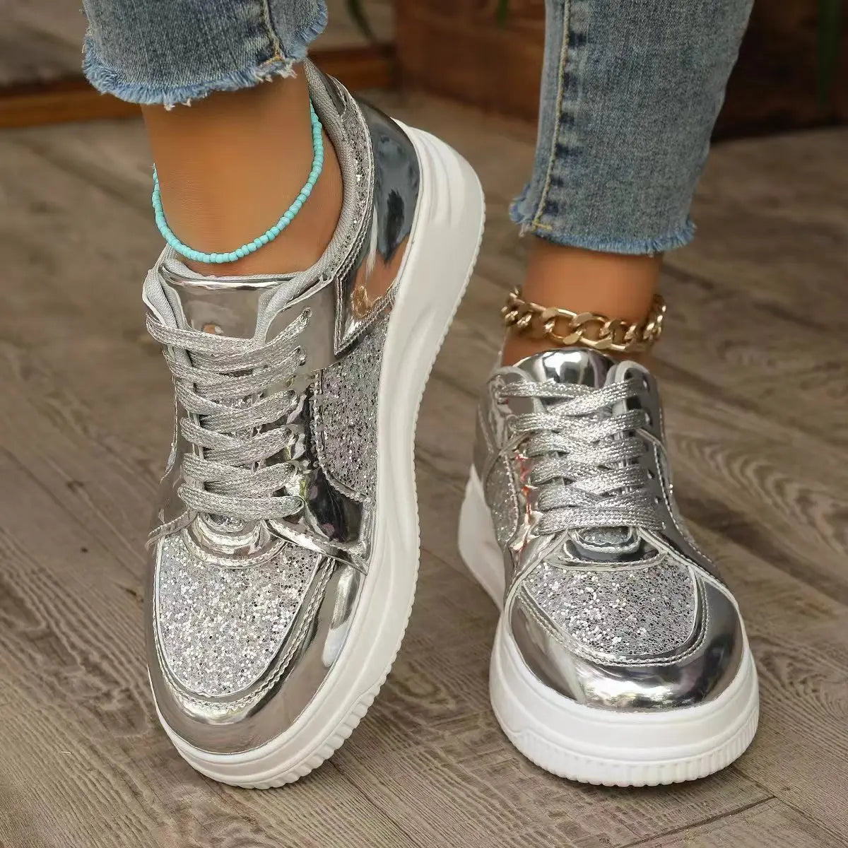 Womens Sequined Platform Shoes Thick Bottom Trainers Fashion Sneakers Girl Pumps