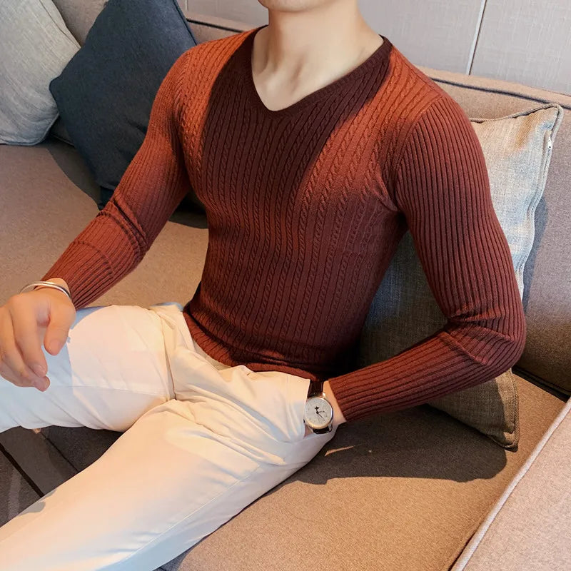 2023 Winter Sweaters Men Korean Fashion Streetwear V-Neck Sweaters Solid Color Men Cashmere Sweater Woolen Slim Trends S-3XL