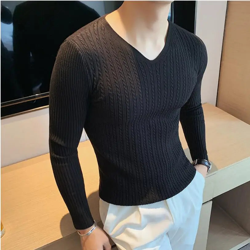 2023 Winter Sweaters Men Korean Fashion Streetwear V-Neck Sweaters Solid Color Men Cashmere Sweater Woolen Slim Trends S-3XL