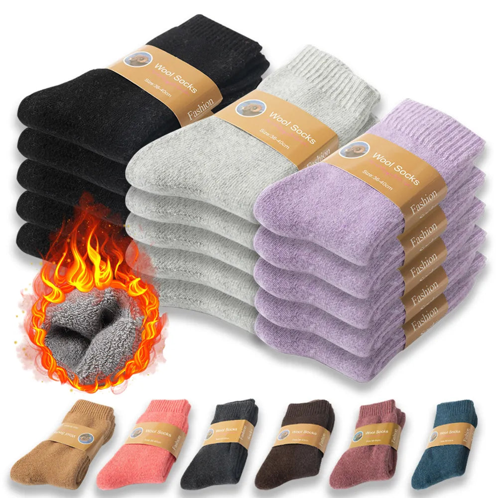 5 Pairs/set Wool Socks Women Hiking Winter Warm Thick Cozy Boot Thermal Solid Soft Sock for Ladies Crew Comfy Work Sock Men - Bonnie Lassio