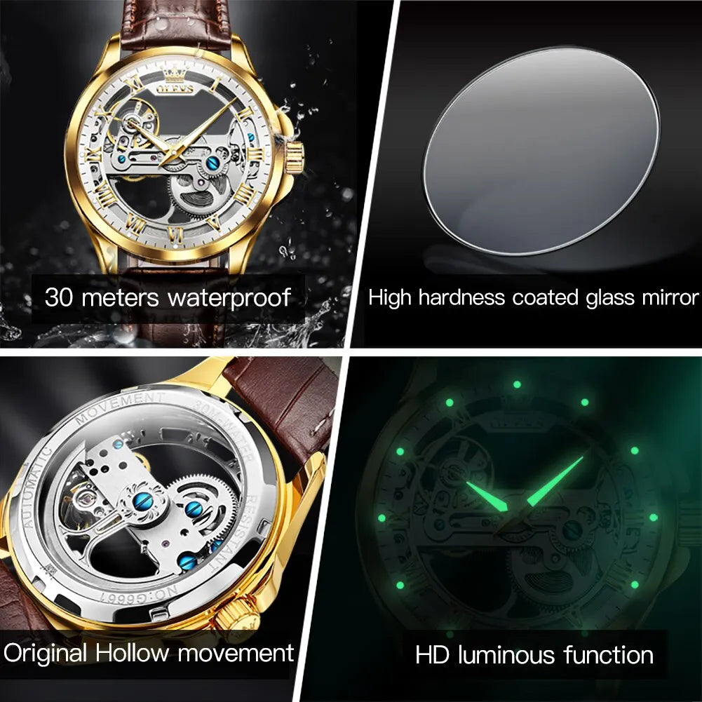 OLEVS Luxury Men Watches Automatic Mechanical Wristwatch Skeleton Design Waterproof Leather Strap - Bonnie Lassio