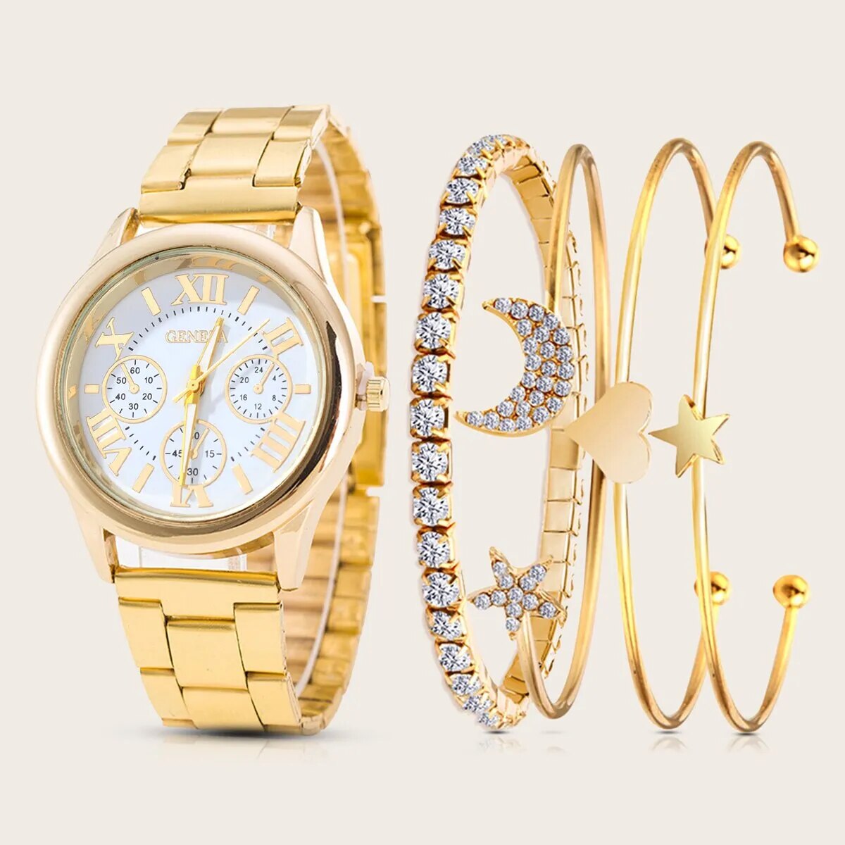 5pcs Fashion Women's Watch Versatile and Simple Gold Steel Band Quartz Watch with Star Moon Diamond Bracelet Set - Bonnie Lassio