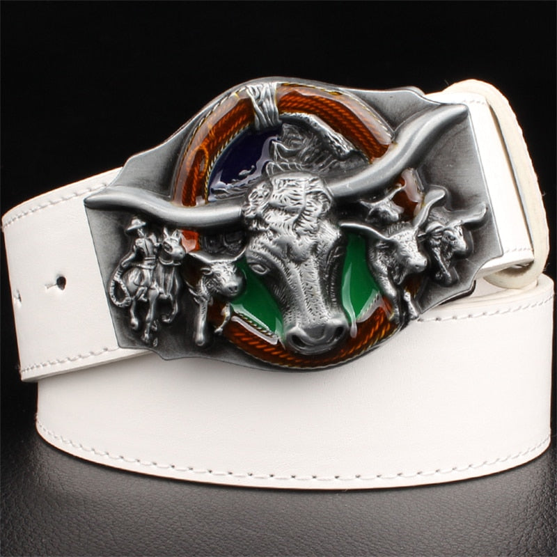 Skull Bull Ox Horn Men Leather Belt Cow Head Skeleton Western Cowboy Style Decoration Women Jeans Waistband - Bonnie Lassio