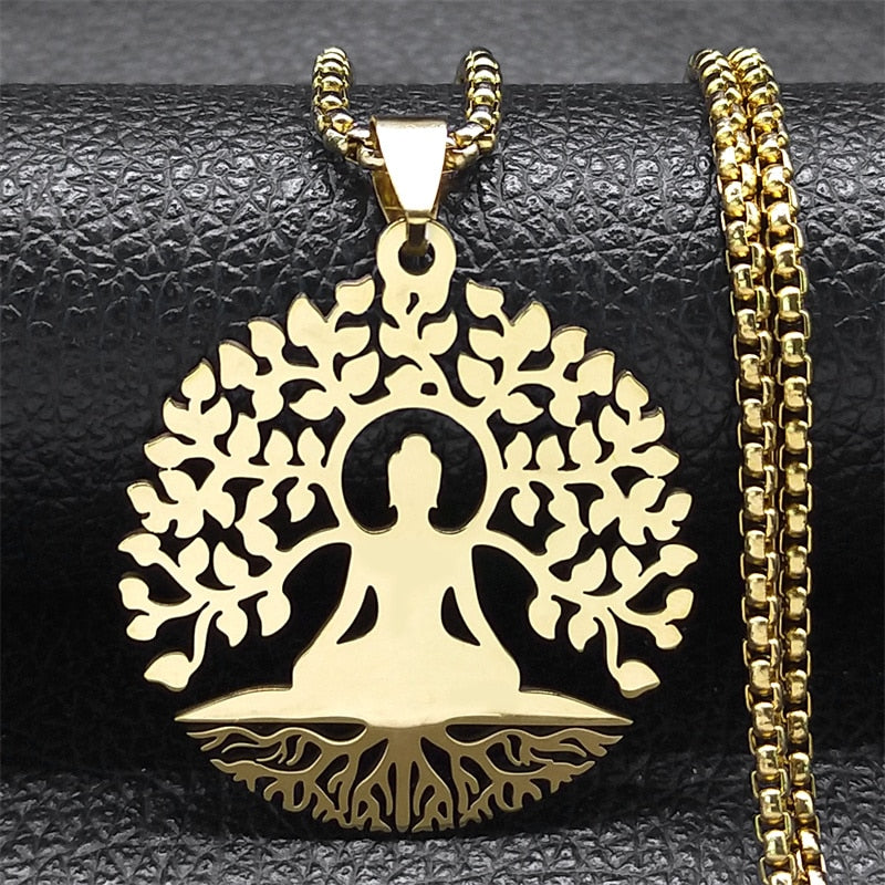 Buddhism Meditation Buddha Yoga Pendant Necklace Stainless Steel Tree of Life Necklace Buddhist Jewelry collares para mujer - Bonnie Lassio