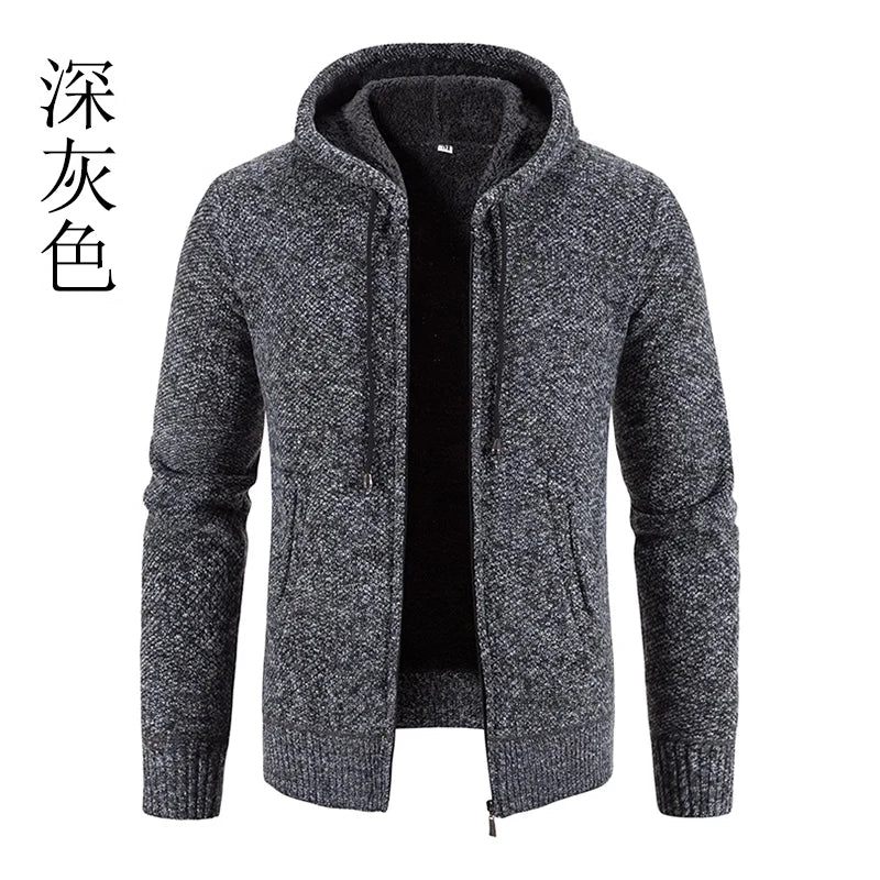 Men's Winter Jacket with Plush and Thick Hooded Knit Cardigan Jacket Zipper - Bonnie Lassio