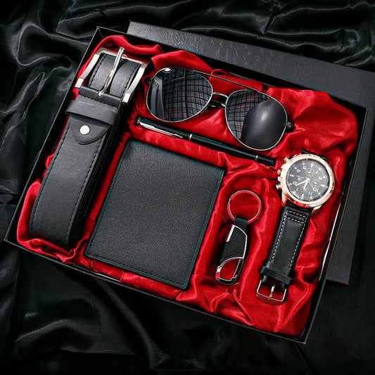 Men Gift Watch Business Luxury Company Mens Set 6 in 1 Watch Glasses Pen Keychain Belt Purse Welcome Holiday Birthday