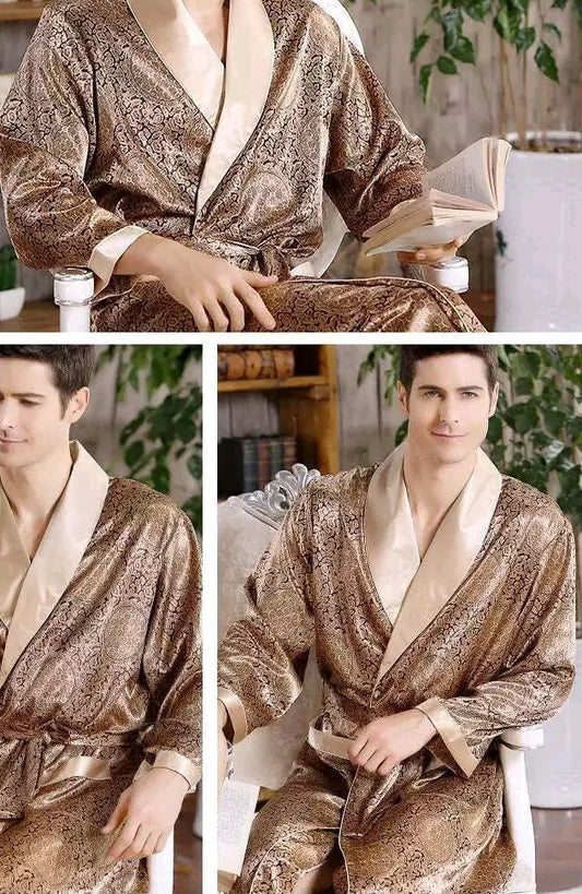 Mens Satin Silk Robe Long Dressing Gown Kimono Bathrobe Luxury Loungewear