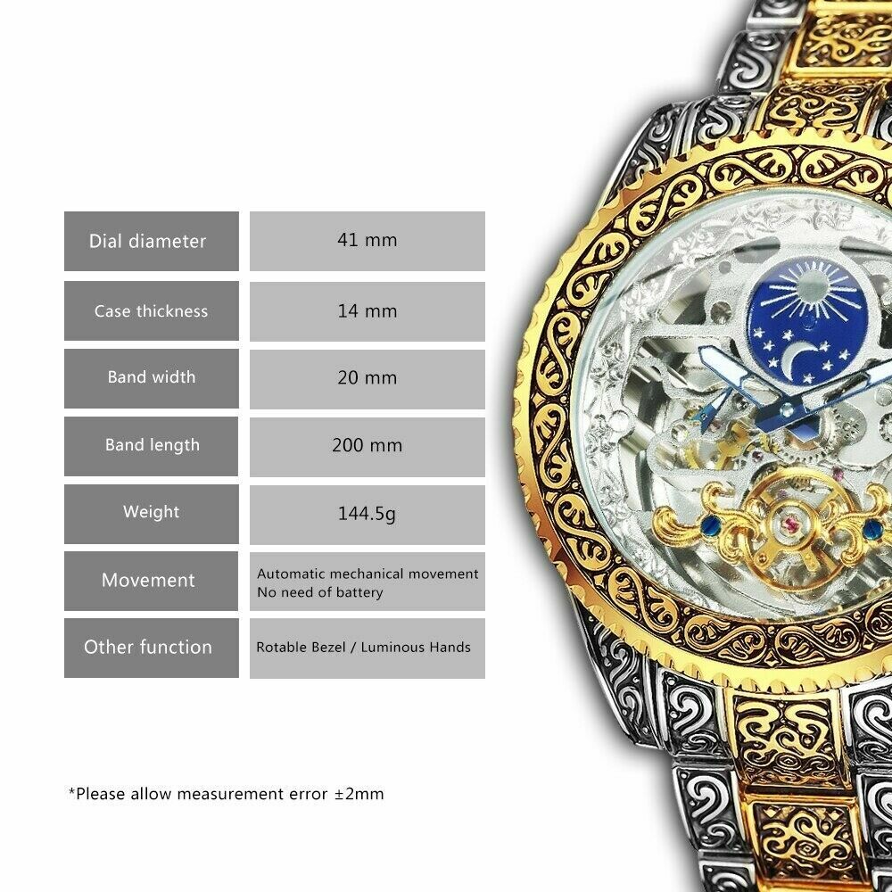 WINNER Men Automatic Watch Gold Skeleton Watches Luxury Mechanical Moon Phase