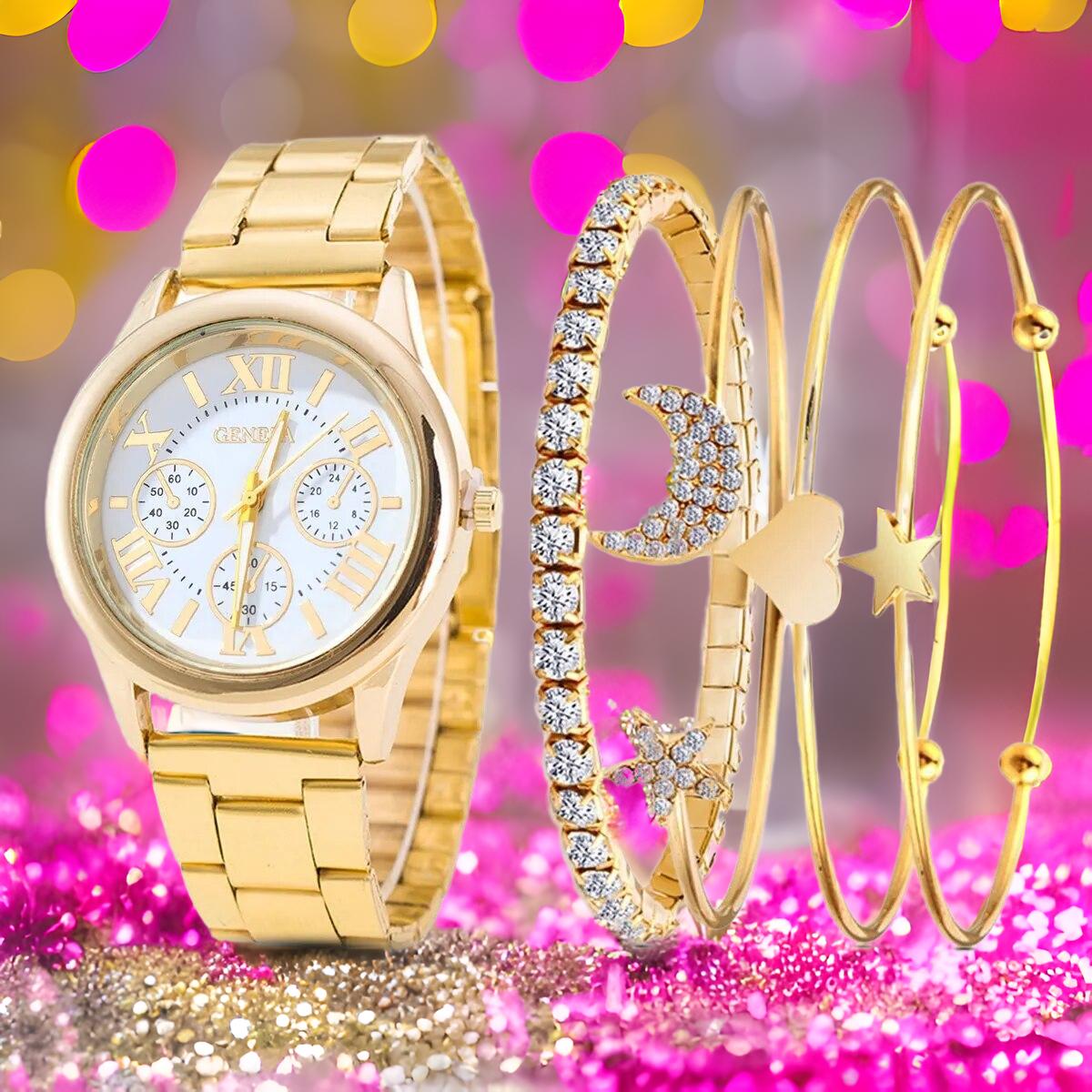 5pcs Fashion Women's Watch Versatile and Simple Gold Steel Band Quartz Watch with Star Moon Diamond Bracelet Set - Bonnie Lassio