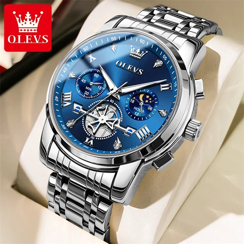 Stainless Steel Mens Watches Chronograph Moon Phase Waterproof Luminous Quartz Wrist Watch for Men Luxury Brand Man Watch