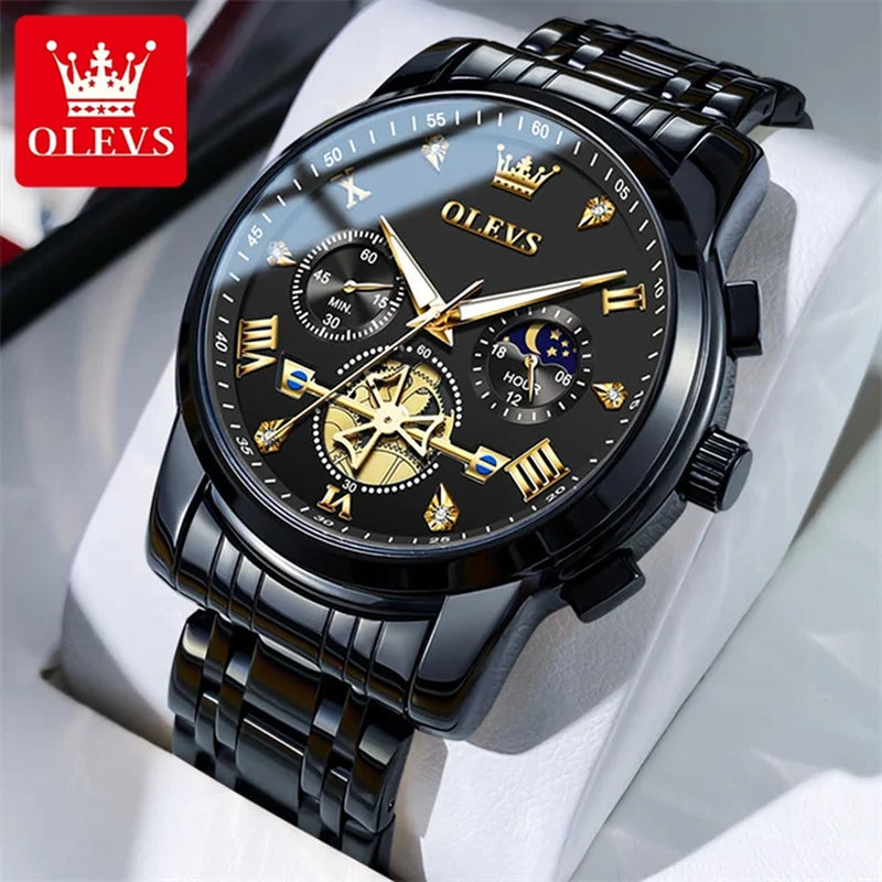 Stainless Steel Mens Watches Chronograph Moon Phase Waterproof Luminous Quartz Wrist Watch for Men Luxury Brand Man Watch