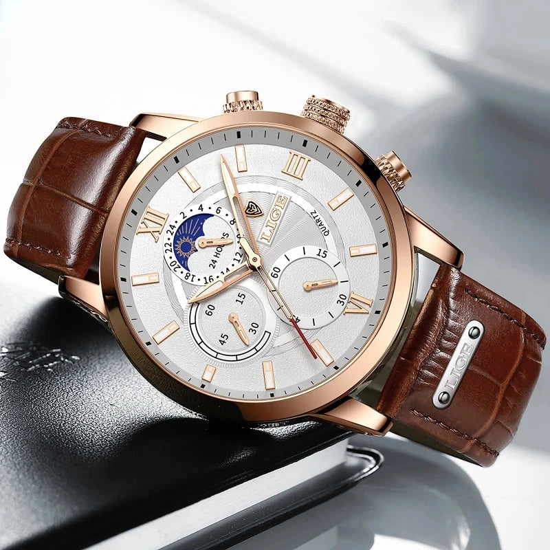 Luxury Men's Leather Quartz Watch with Waterproof Sports Design