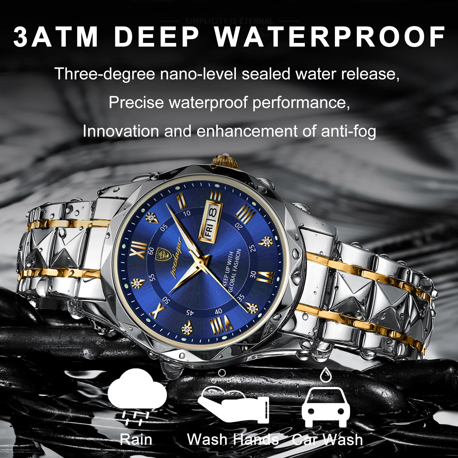 Mens Stainless Steel Quartz Watch Waterproof Luminous Features Date Week Display