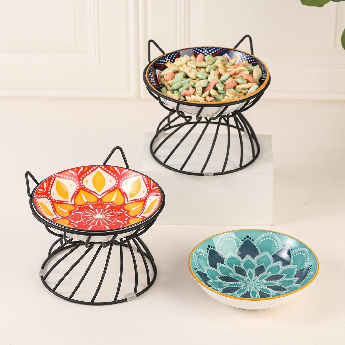 Professional Product Title: 
```Elevated Ceramic Cat Food Bowl with Anti-Slip Stand, Wide Shallow Design for Whisker-Friendly Feeding - Cute Cat Plate, Microwave and Dishwasher Safe - 8.5 Oz Capacity, 5.75 Inch Diameter```