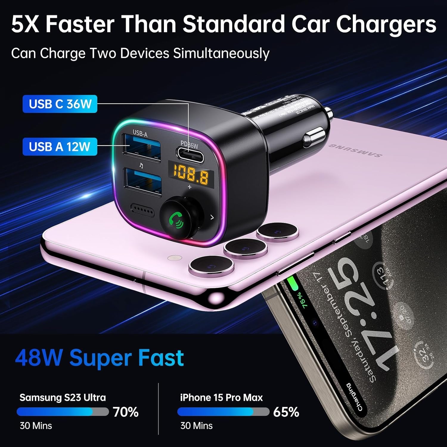 Professional title: " Bluetooth 5.3 FM Transmitter with Dual USB Ports for Car - Hands-Free Calling, Wireless Music Player, 48W Max Output, Supports up to 64G Drive - Black"