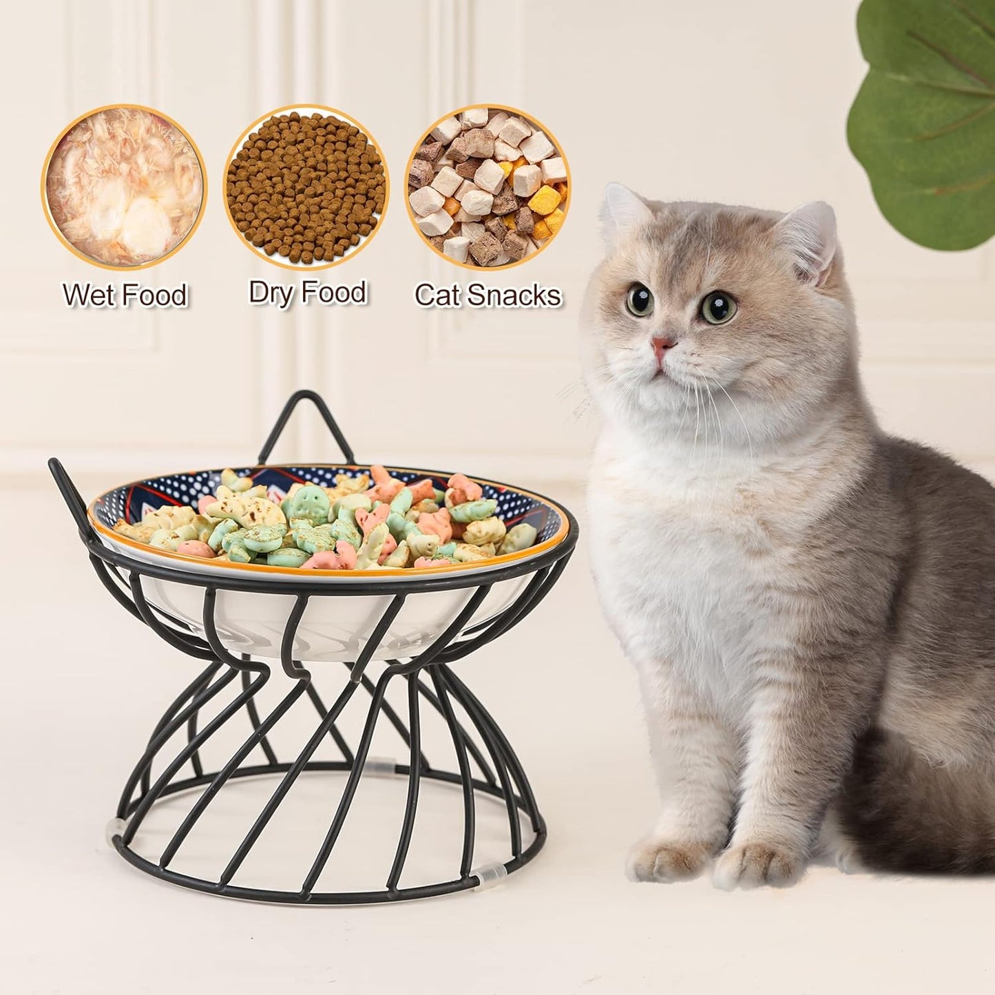 Professional Product Title: 
```Elevated Ceramic Cat Food Bowl with Anti-Slip Stand, Wide Shallow Design for Whisker-Friendly Feeding - Cute Cat Plate, Microwave and Dishwasher Safe - 8.5 Oz Capacity, 5.75 Inch Diameter```