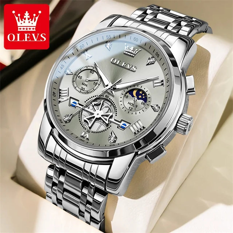 Stainless Steel Mens Watches Chronograph Moon Phase Waterproof Luminous Quartz Wrist Watch for Men Luxury Brand Man Watch