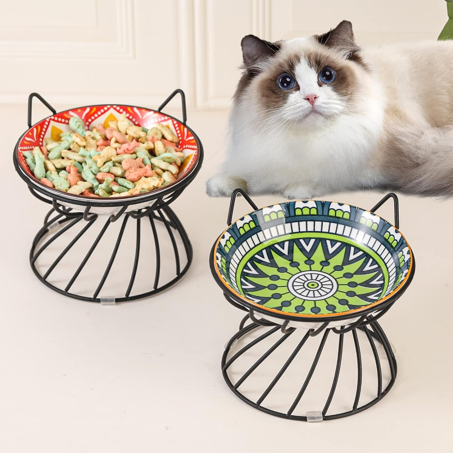 Professional Product Title: 
```Elevated Ceramic Cat Food Bowl with Anti-Slip Stand, Wide Shallow Design for Whisker-Friendly Feeding - Cute Cat Plate, Microwave and Dishwasher Safe - 8.5 Oz Capacity, 5.75 Inch Diameter```