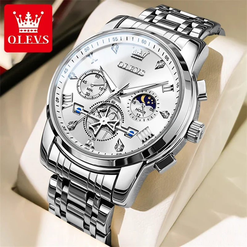 Stainless Steel Mens Watches Chronograph Moon Phase Waterproof Luminous Quartz Wrist Watch for Men Luxury Brand Man Watch