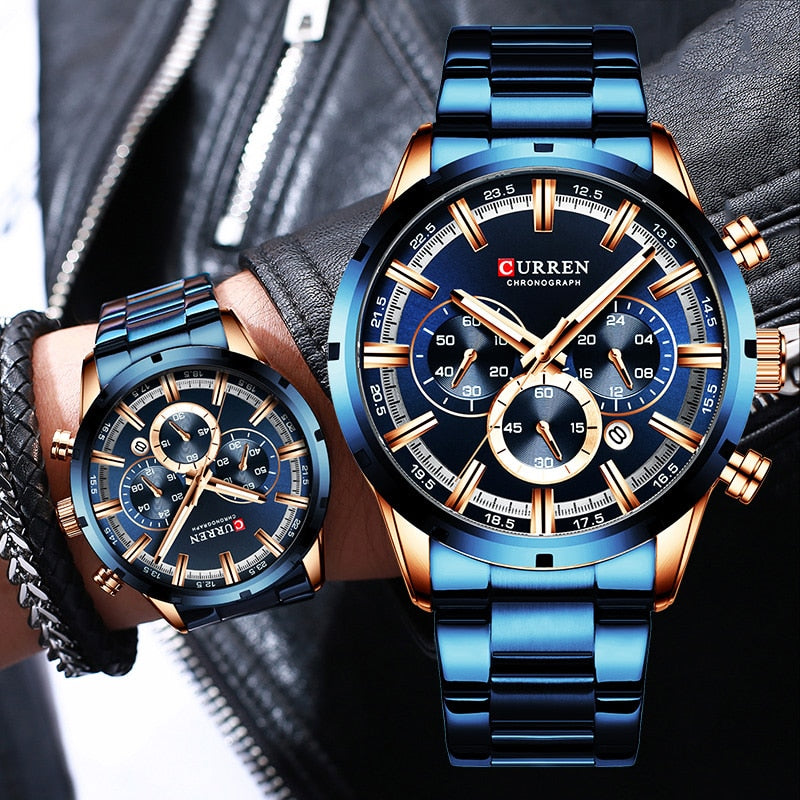 Men'S Watch Blue Dial Stainless Steel Band Date Mens Business Male Watches Waterproof Luxuries Men Wrist Watches for Men