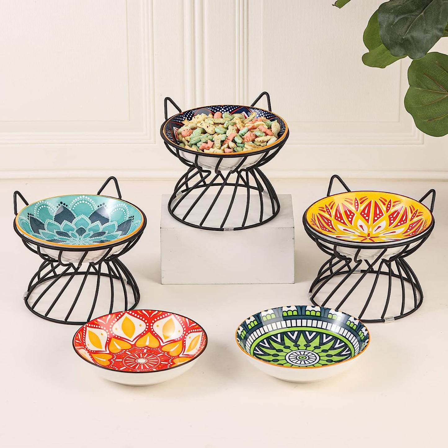 Professional Product Title: 
```Elevated Ceramic Cat Food Bowl with Anti-Slip Stand, Wide Shallow Design for Whisker-Friendly Feeding - Cute Cat Plate, Microwave and Dishwasher Safe - 8.5 Oz Capacity, 5.75 Inch Diameter```