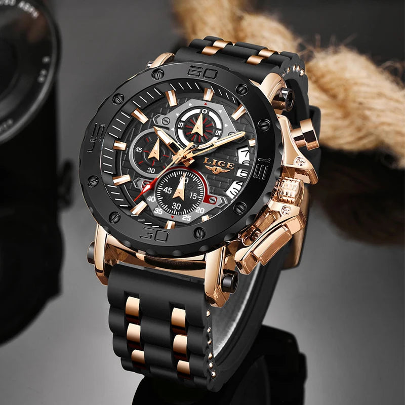 LIGE Mens Chronograph Waterproof Luxury Watch with Silicone Band and Quartz Movement