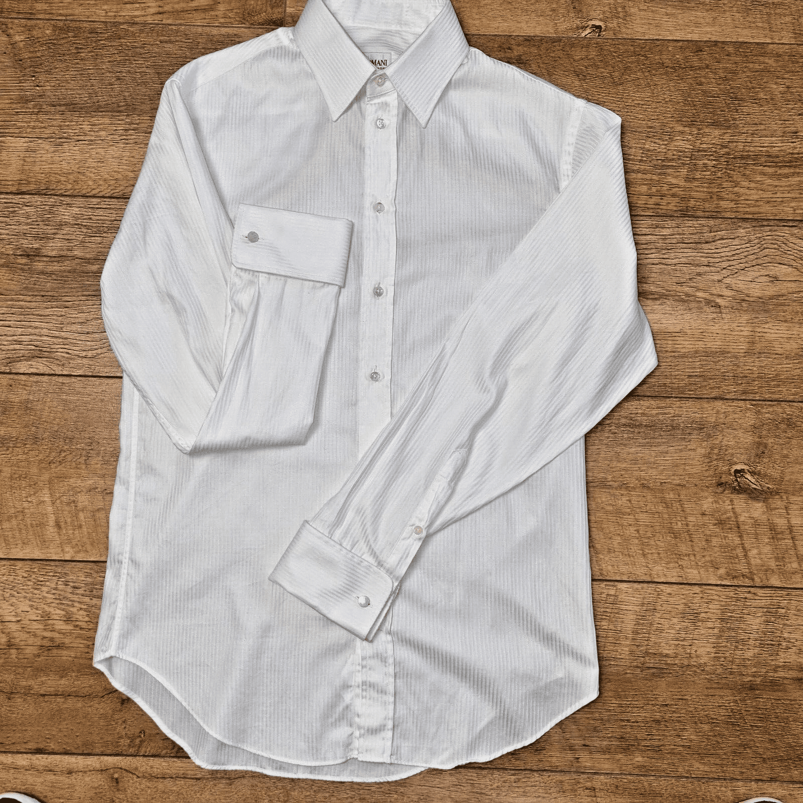 Armani Collezioni Luxury Shirt Mens Cream Contrast Small Classic Pinstripe Cuffs - Bonnie Lassio