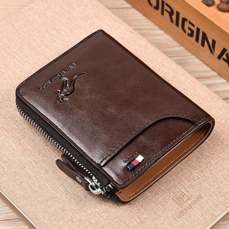 Luxury Men's Leather Business Card Holder with Zipper Purse and RFID Protection