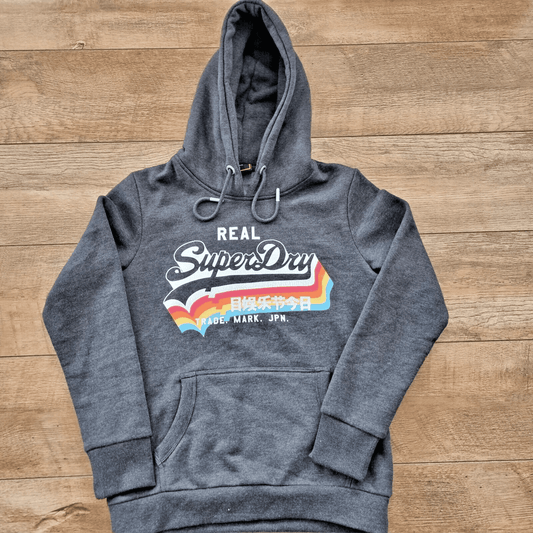 Womens Superdry Real Graphic Hoodie Jumper Grey Cotton