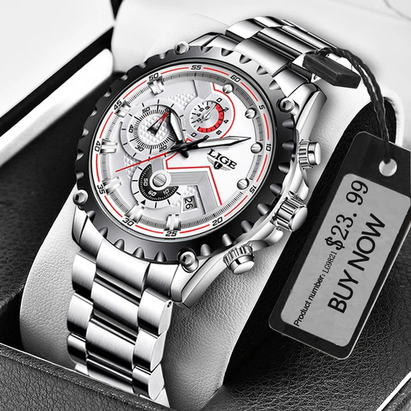 Men's Luxury Stainless Steel Quartz Watch with Military Chronograph and 30M Water Resistance