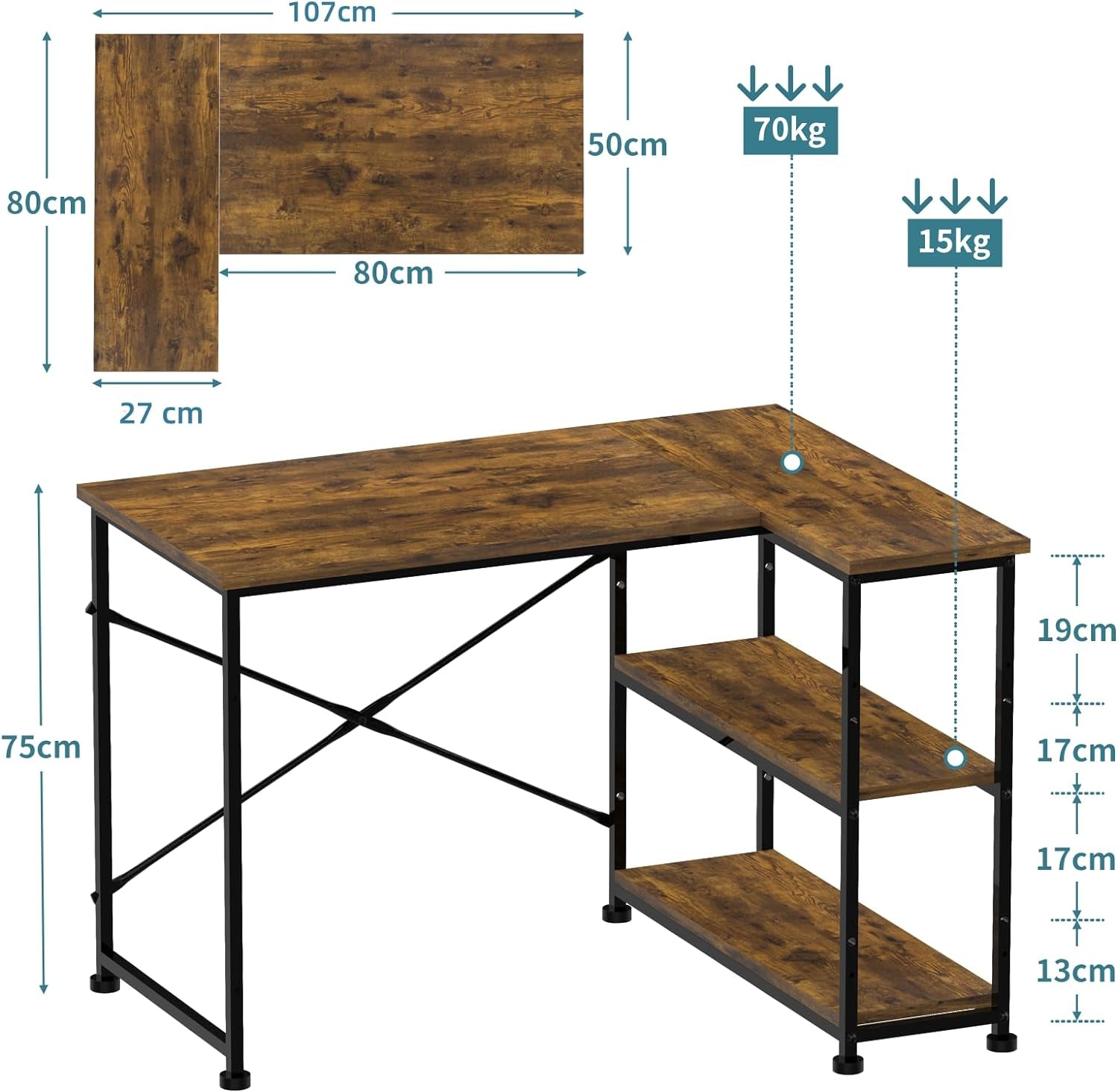 110CM L-Shaped Desk with Shelves, Reversible Computer Workstation for Home Office, Rustic Brown"